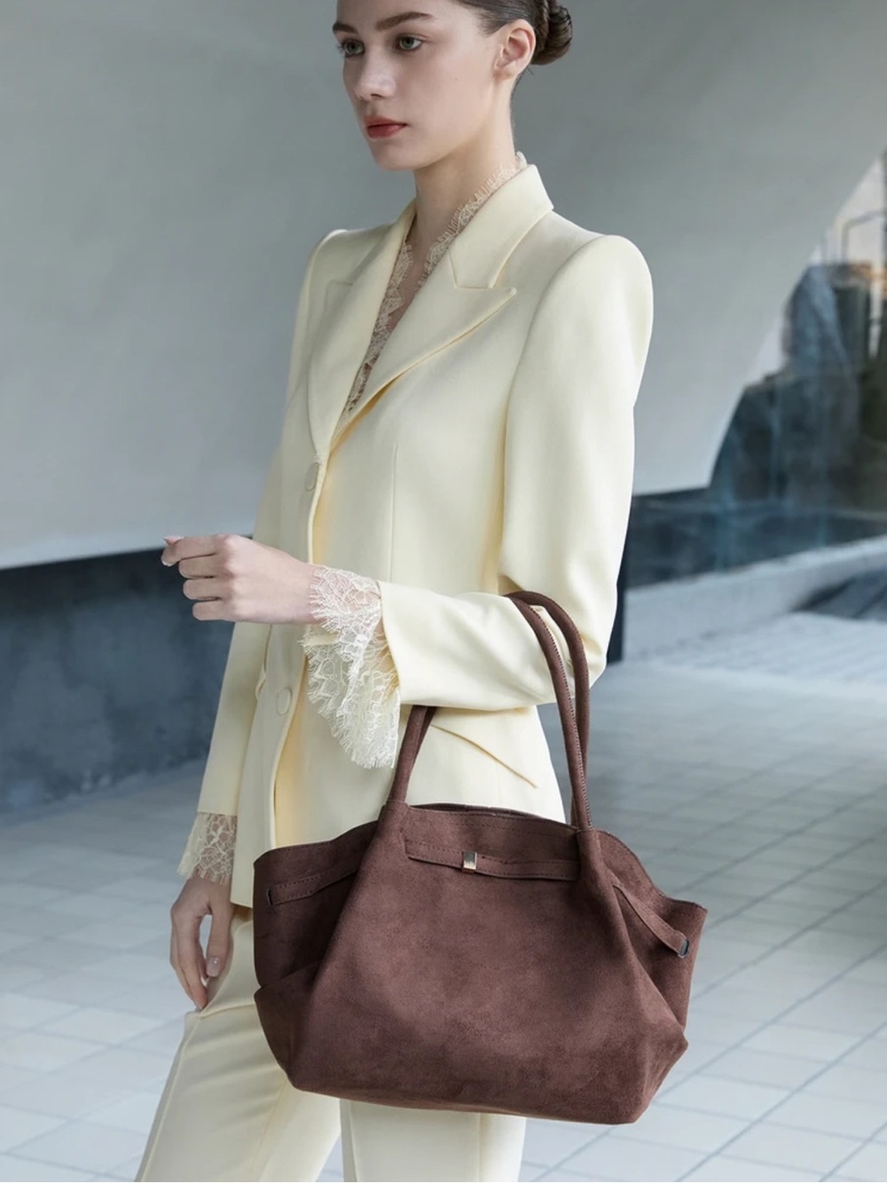Suede Shoulder Tote Bag in Coffee Brown